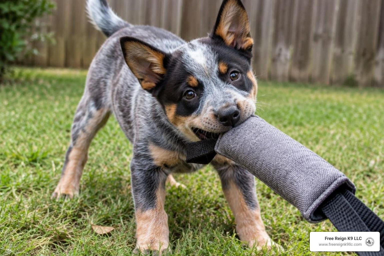 Blue Heeler puppy redirecting biting drive to a durable tug toy Blue Heeler puppy redirecting biting drive to a durable tug toy