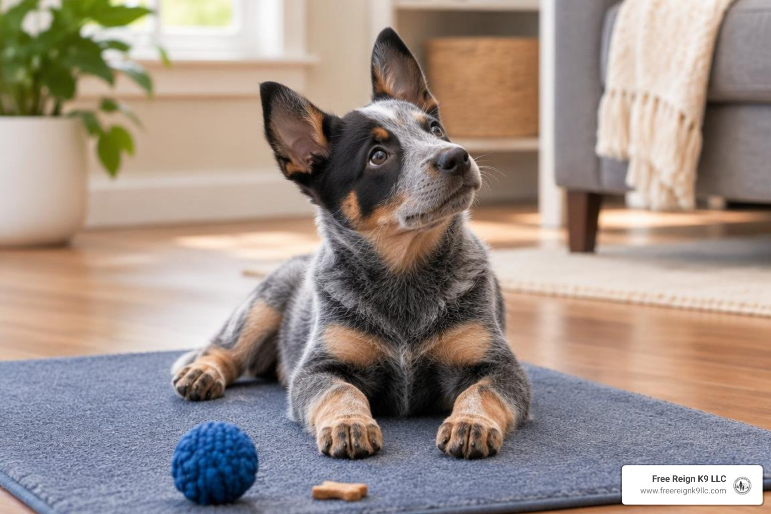 Blue Heeler puppy practicing basic obedience on a place mat Blue Heeler puppy practicing basic obedience on a place mat