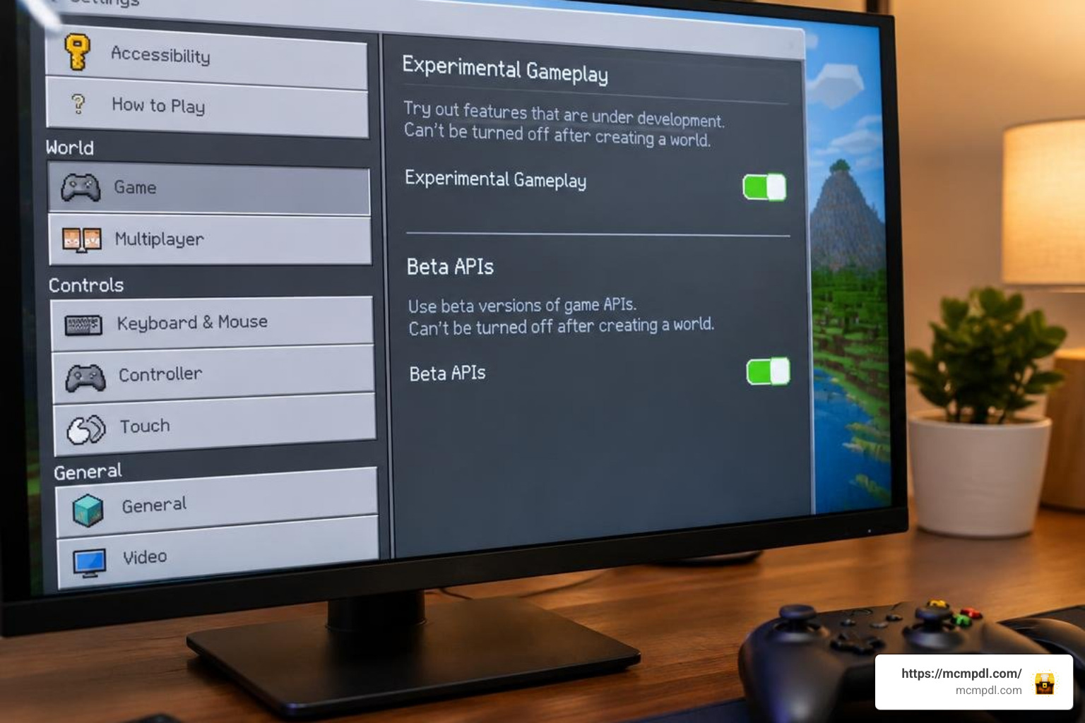 Minecraft settings screen showing Experimental Gameplay and Beta APIs toggles Minecraft settings screen showing Experimental Gameplay and Beta APIs toggles