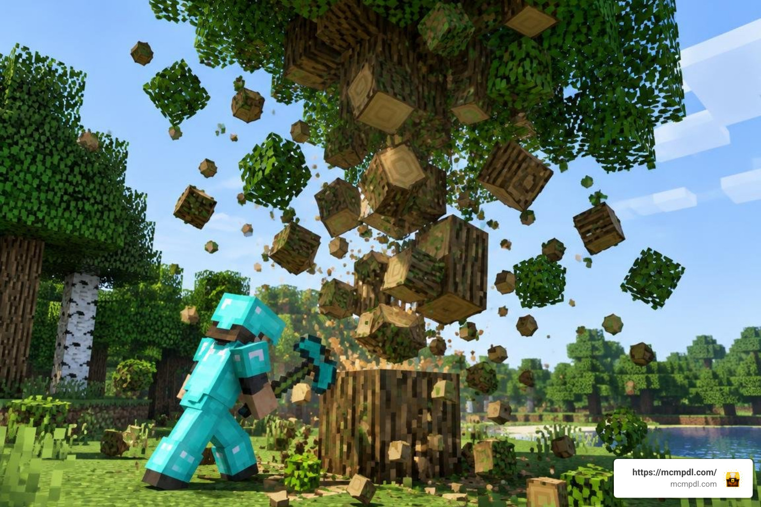 Player chopping a massive tree instantly using Tree Capitator in Minecraft PE Player chopping a massive tree instantly using Tree Capitator in Minecraft PE