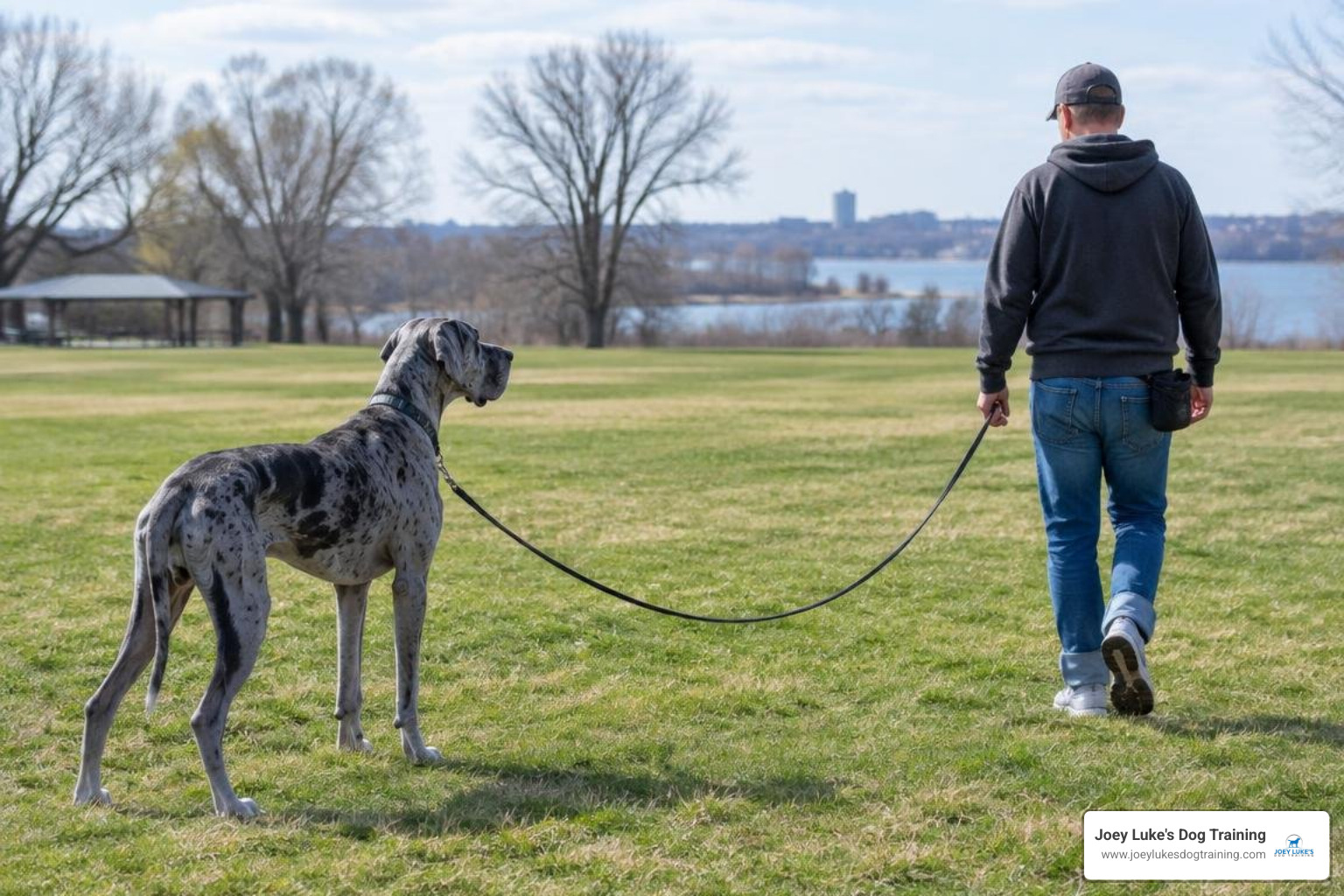 Trainer practicing outdoor recall with dog