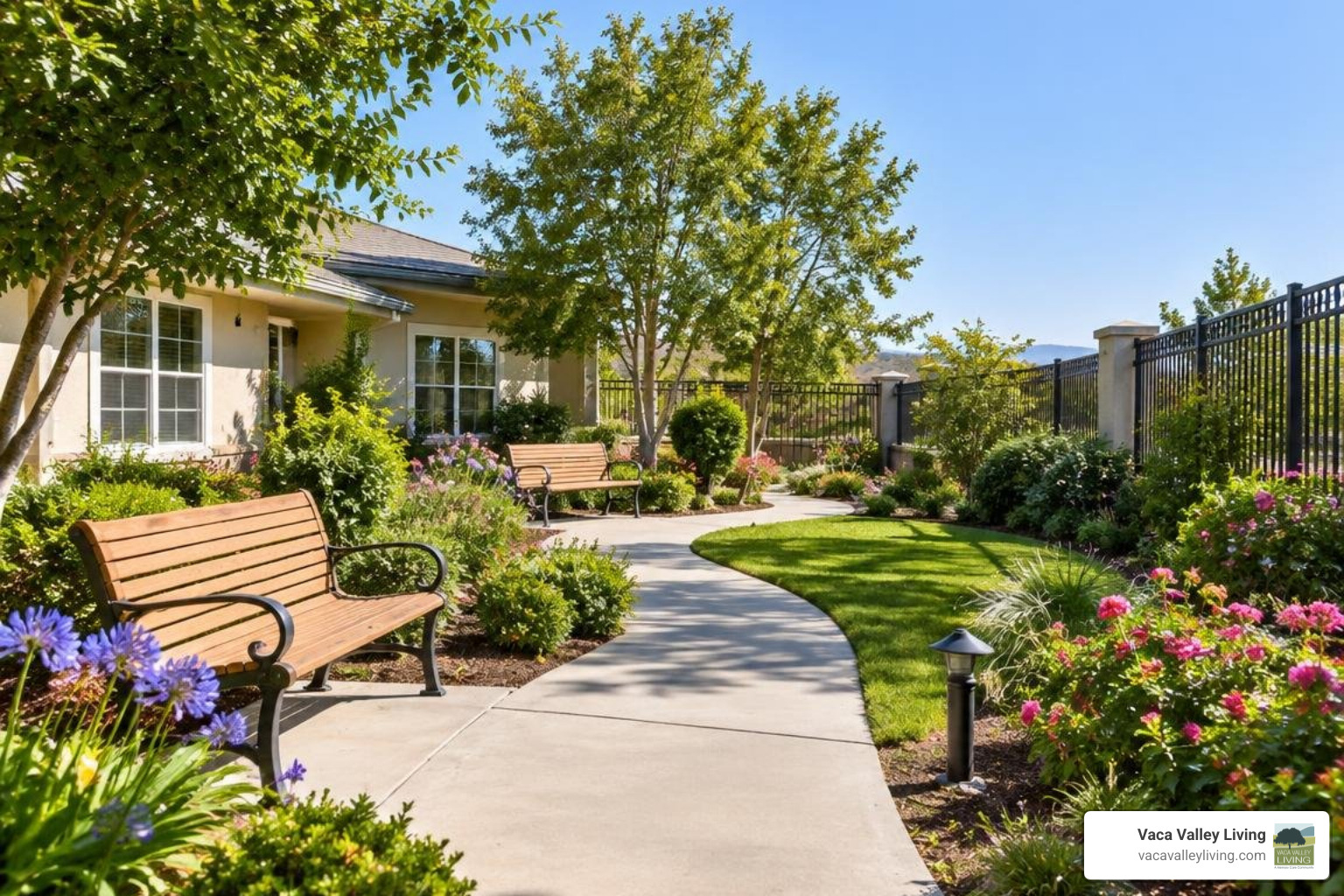 Secure outdoor courtyard and wandering path in senior care facility Secure outdoor courtyard and wandering path in senior care facility