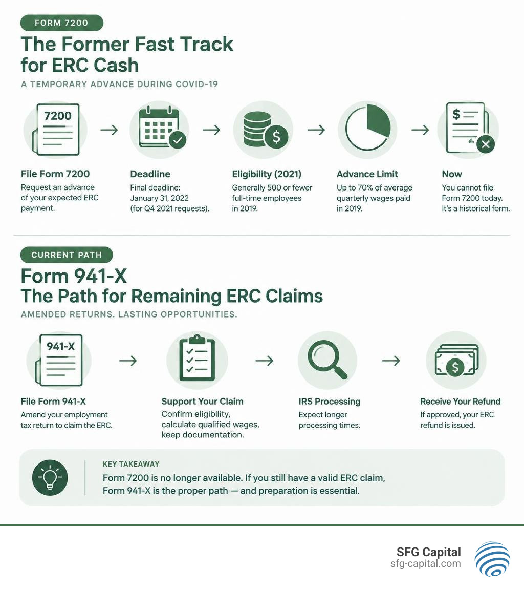 Form 7200 ERC advance timeline and current Form 941-X claim path infographic Form 7200 ERC advance timeline and current Form 941-X claim path infographic