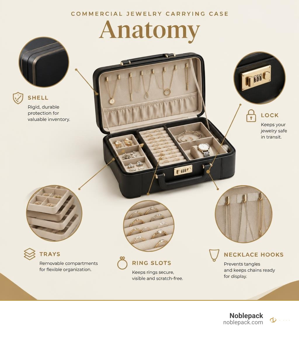 Commercial jewelry carrying case anatomy: shell, lock, trays, ring slots, necklace hooks infographic Commercial jewelry carrying case anatomy: shell, lock, trays, ring slots, necklace hooks infographic