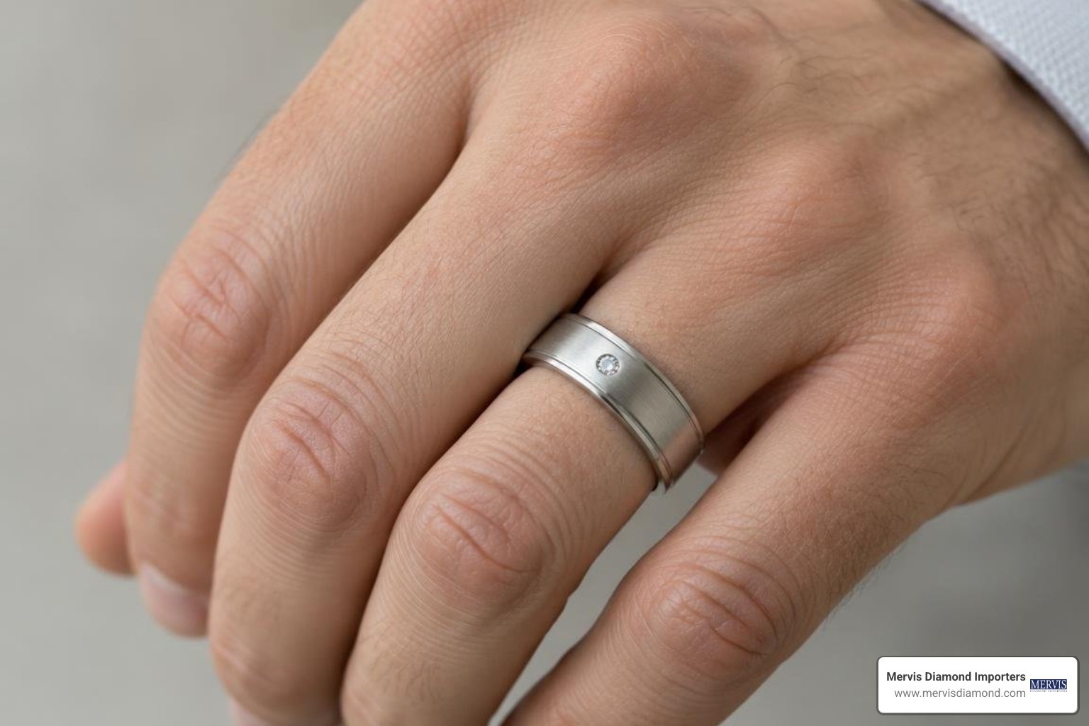 Mens platinum wedding bands with edge details and diamond accents