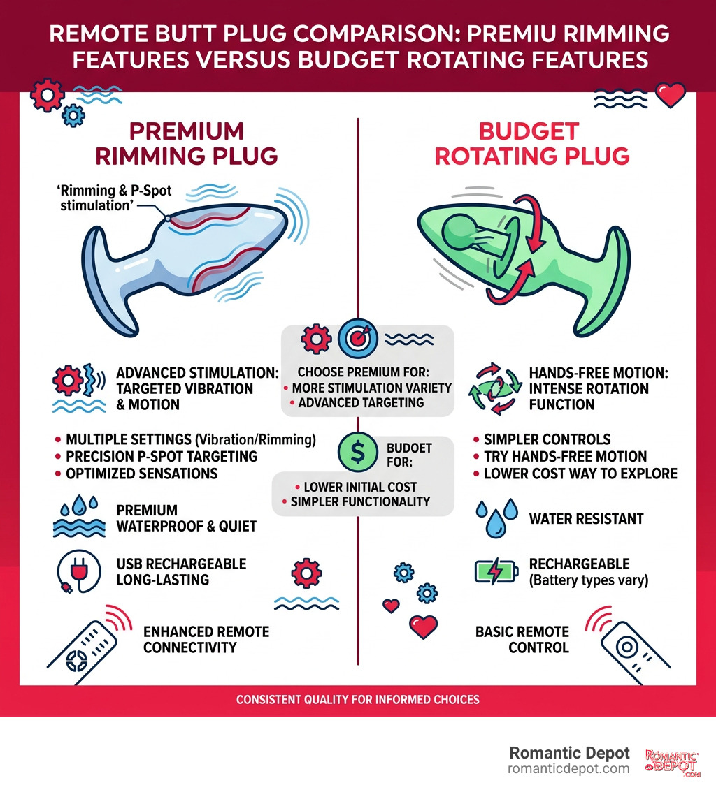 Remote butt plug comparison: premium rimming features versus budget rotating features infographic Remote butt plug comparison: premium rimming features versus budget rotating features infographic