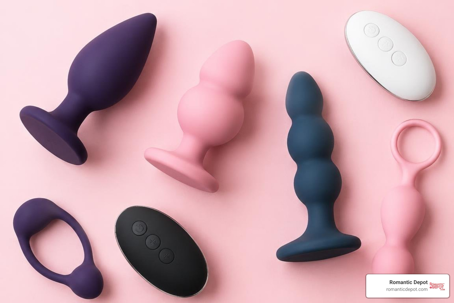 Flat lay of modern silicone anal toys and sleek wireless controllers Flat lay of modern silicone anal toys and sleek wireless controllers