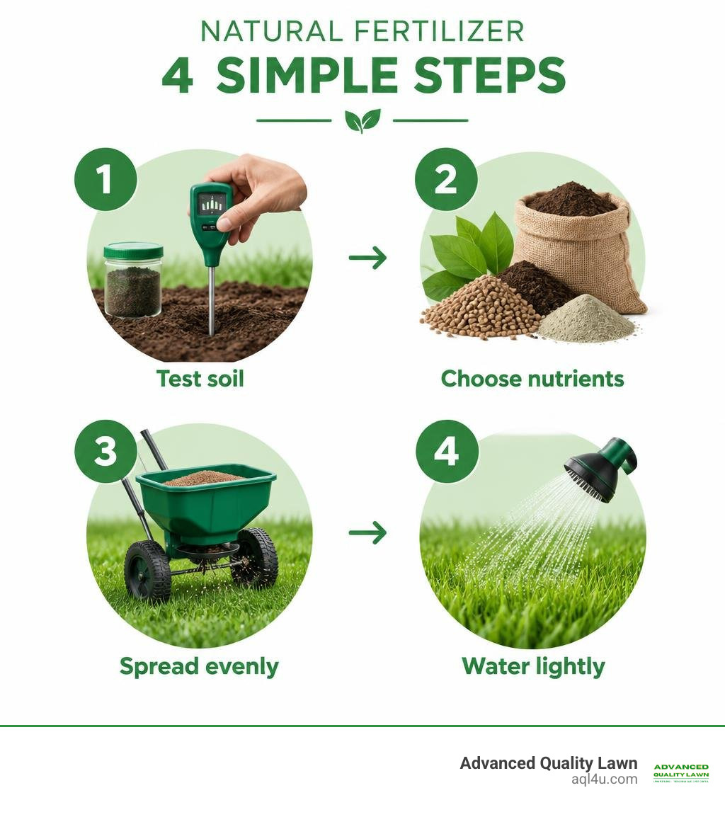 Infographic showing natural fertilizer steps: test soil, choose nutrients, spread evenly, water lightly infographic