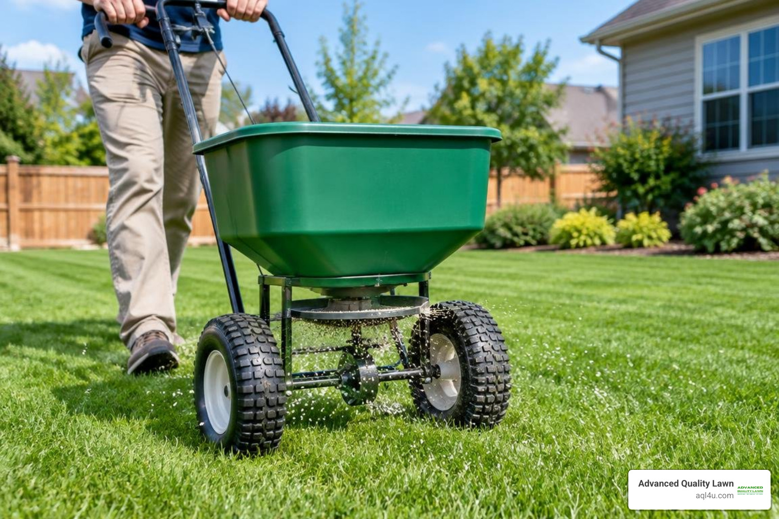 Broadcast rotary spreader applying organic granules evenly to green grass