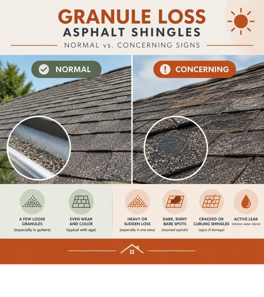 infographic showing normal versus concerning shingle granule loss signs infographic