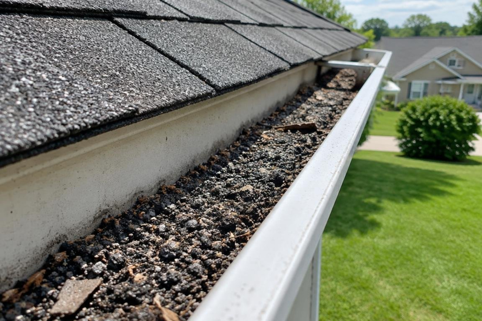 granules accumulated in rain gutters