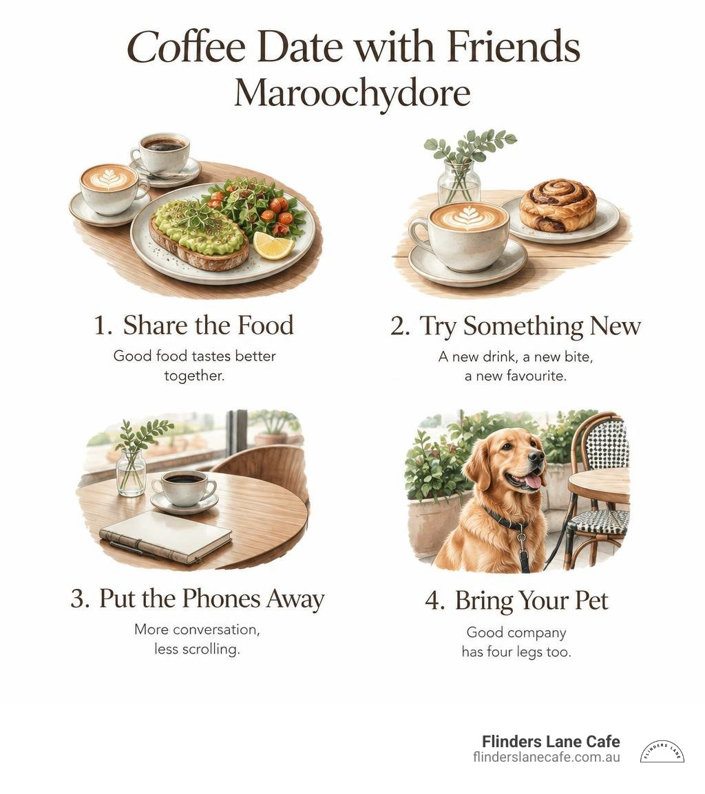 Four keys to a memorable cafe catch up: sharing food, trying specials, switching off screens, bringing pets