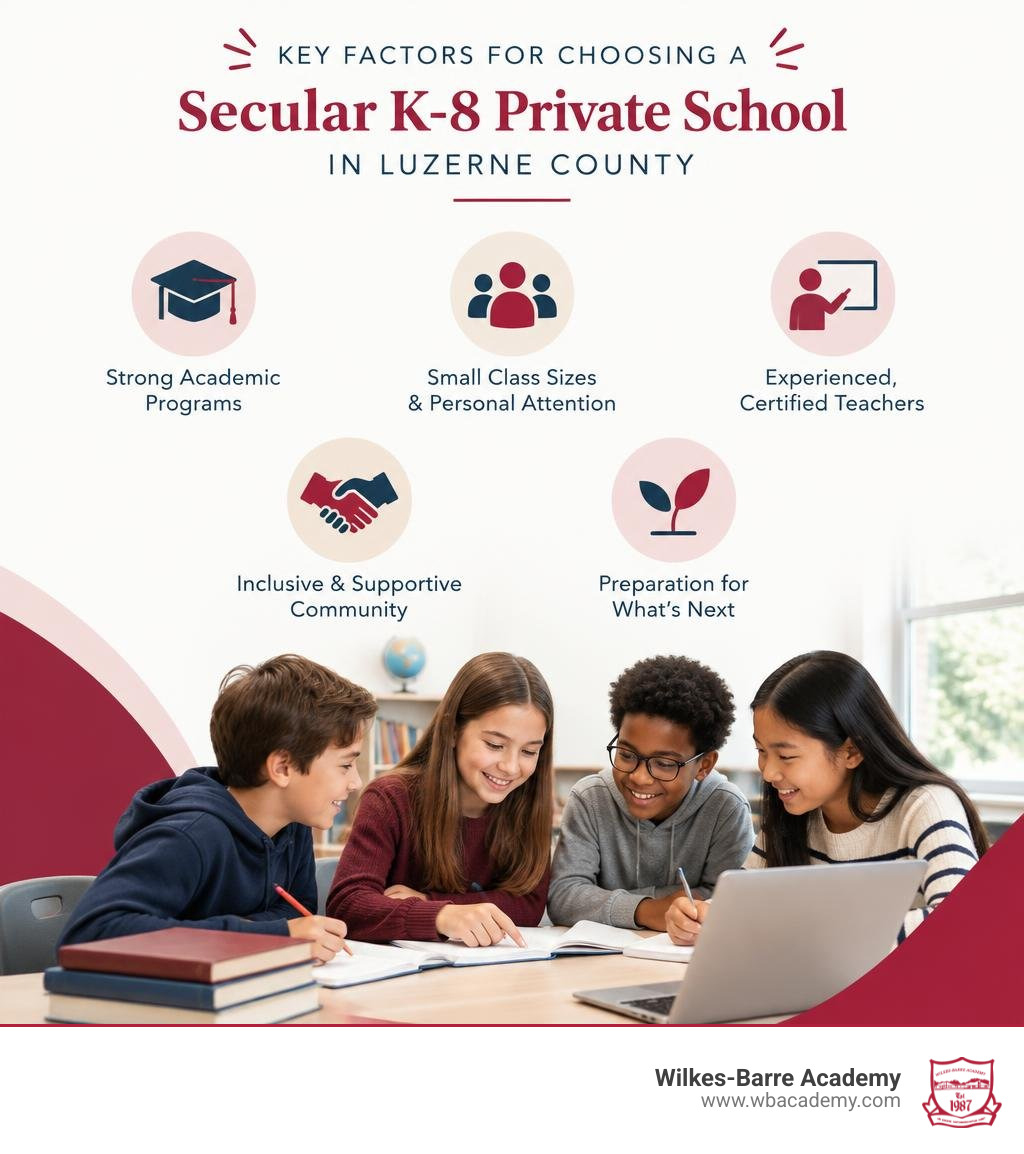 Key factors for choosing a secular K-8 private school in Luzerne County infographic Key factors for choosing a secular K-8 private school in Luzerne County infographic