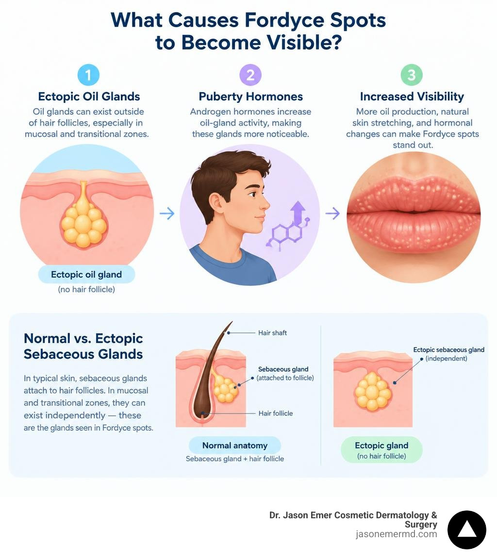 Infographic showing ectopic oil glands, puberty hormones, and increased visibility of Fordyce spots infographic