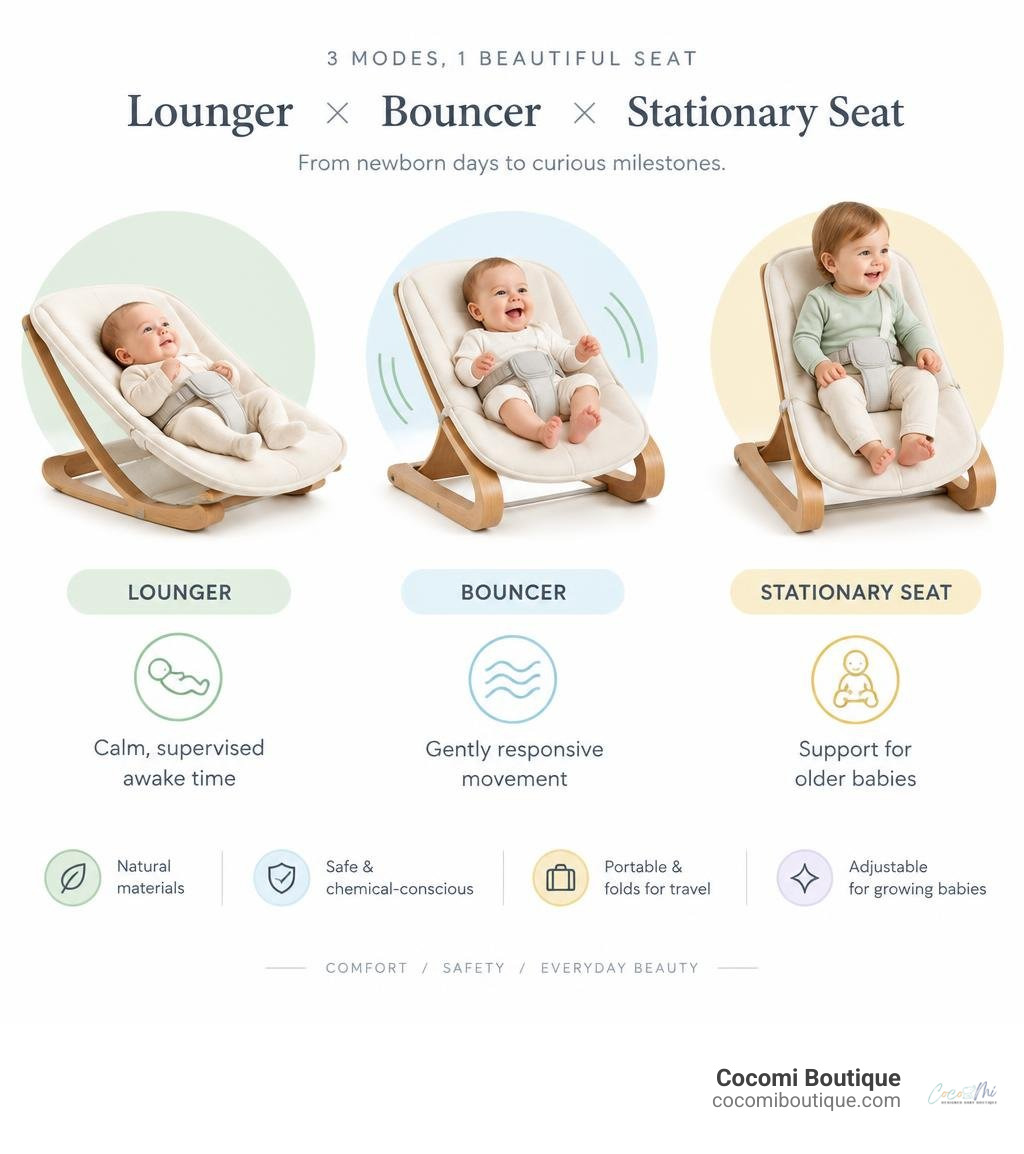 Infographic comparing lounger, bouncer, and stationary seat modes infographic