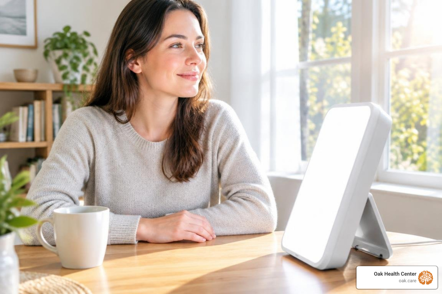 person using a bright light therapy box during morning routine