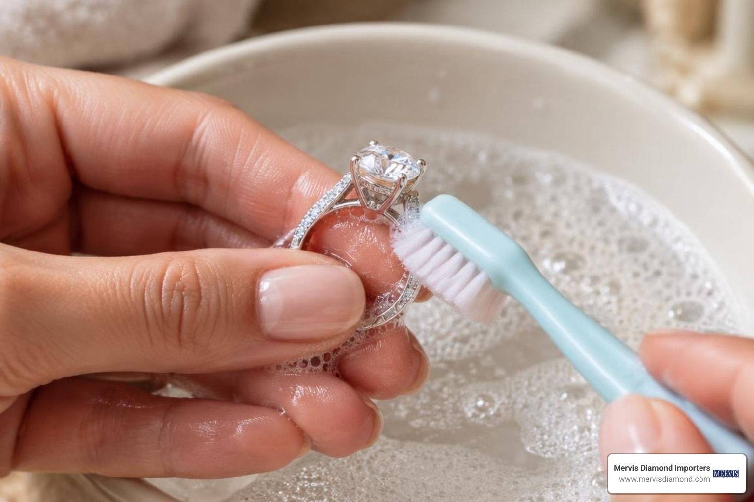 Cleaning hidden halo engagement ring with soft brush