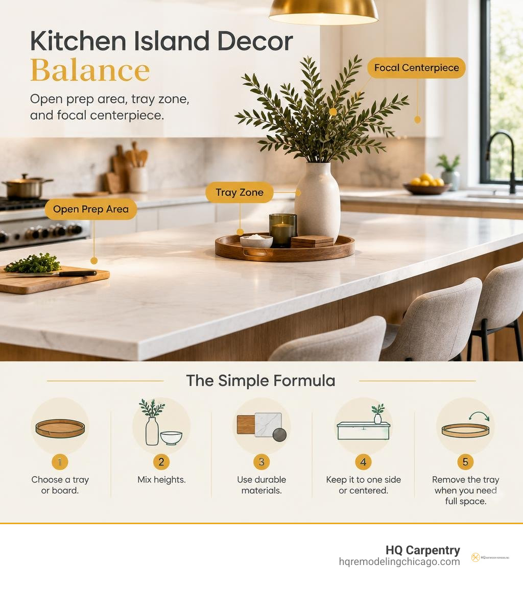 Kitchen island decor balance: open prep area, tray zone, and focal centerpiece infographic