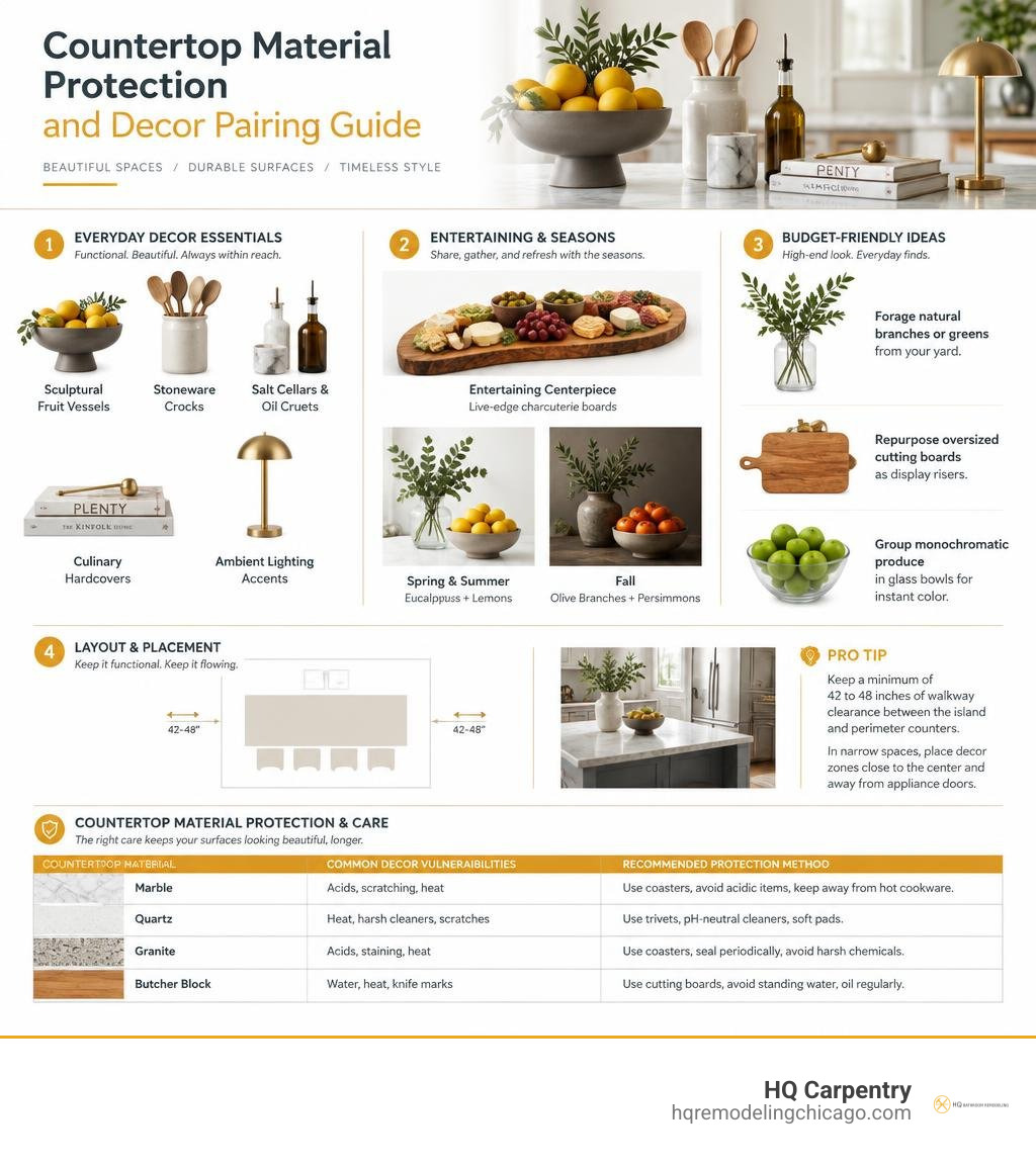 Countertop Material Protection and Decor Pairing Guide infographic