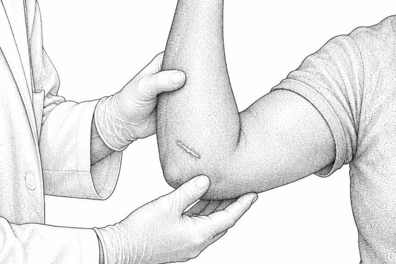 Line illustration of a clinician in gloves holding a bent elbow with a healed scar across the inner crease