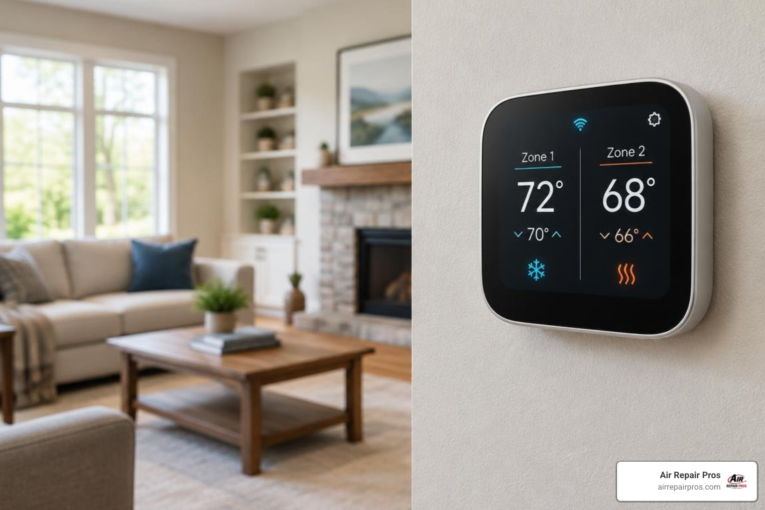 smart digital thermostat showing dual-zone heat pump temperature control