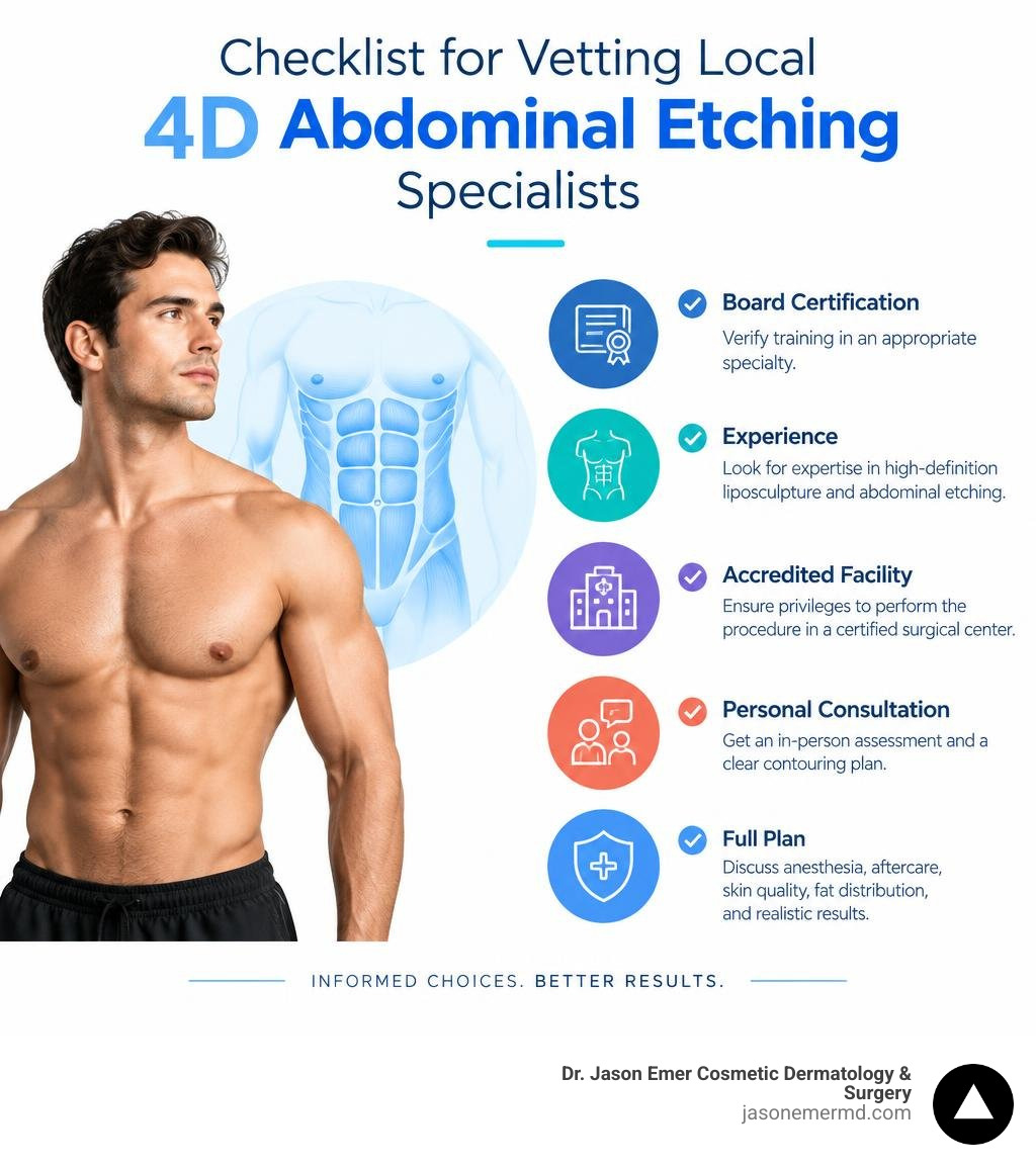 Checklist for vetting local 4D abdominal etching specialists infographic