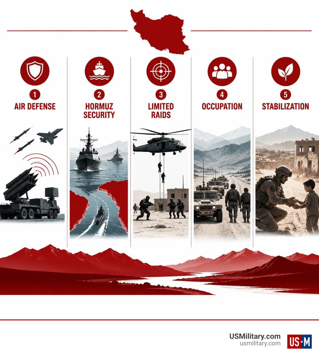 Infographic showing air defense, Hormuz security, limited raids, occupation, and stabilization infographic Infographic showing air defense, Hormuz security, limited raids, occupation, and stabilization infographic