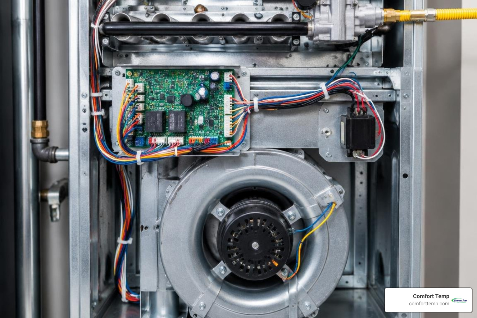 Newer high-efficiency furnace interior with modern control board and blower assembly Newer high-efficiency furnace interior with modern control board and blower assembly