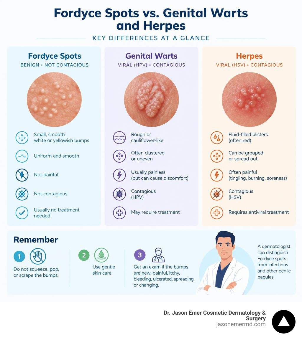 Fordyce spots versus genital warts and herpes comparison infographic