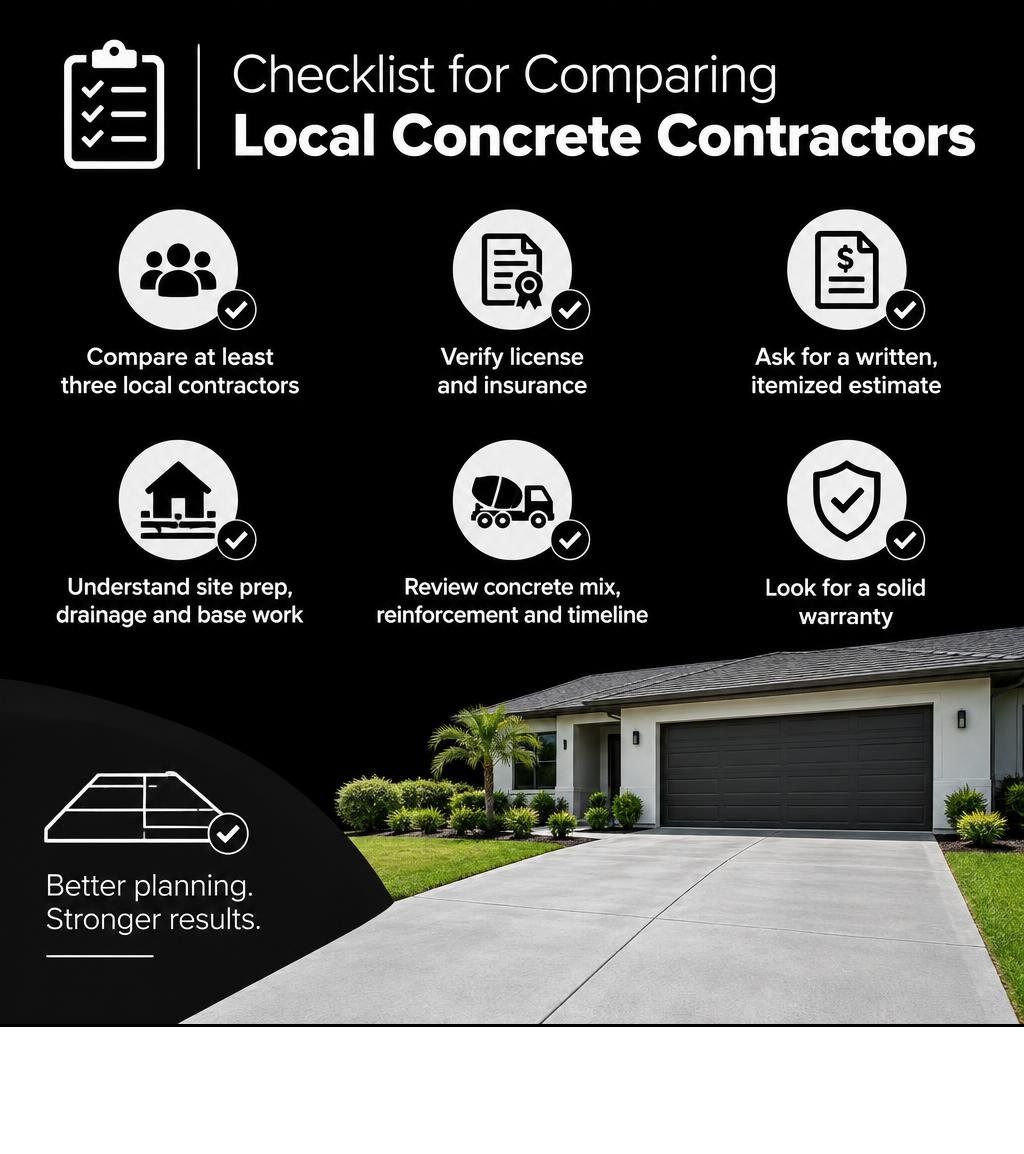 Checklist for comparing concrete companies by project fit, credentials, written scope, and communication