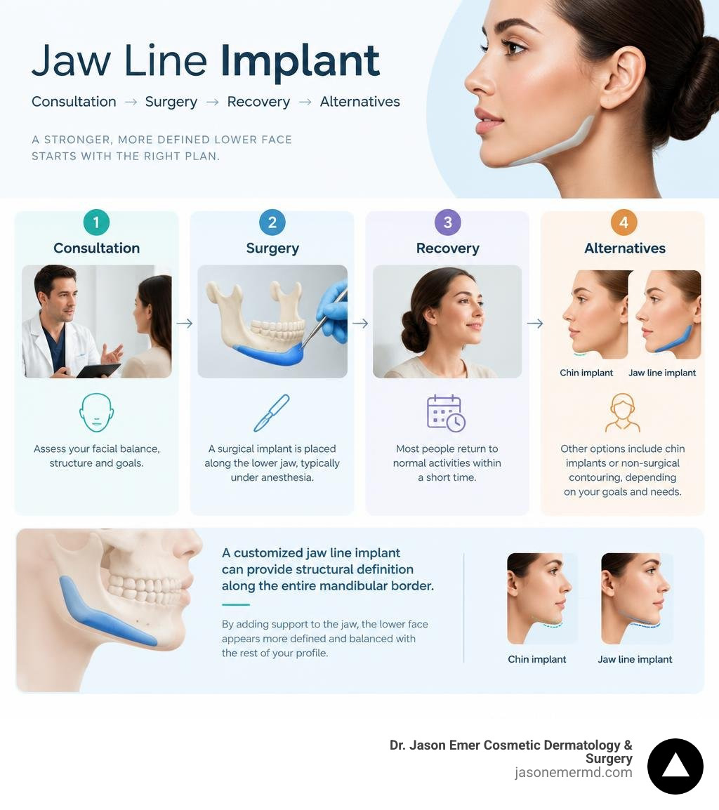 Jaw line implant consultation, surgery, recovery, and alternatives infographic infographic