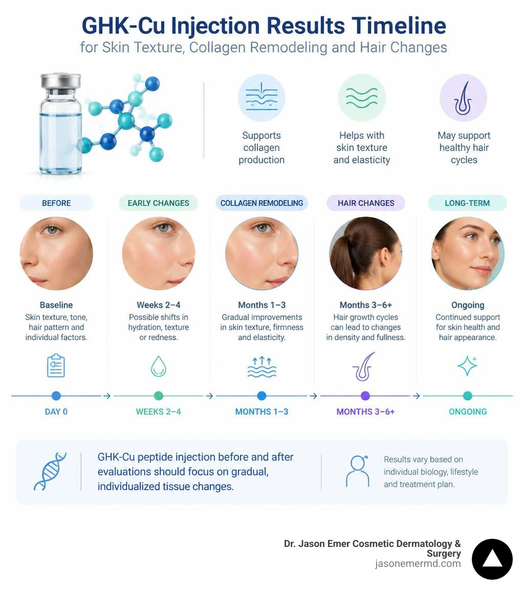 GHK-Cu injection results timeline for skin texture collagen remodeling and hair changes infographic