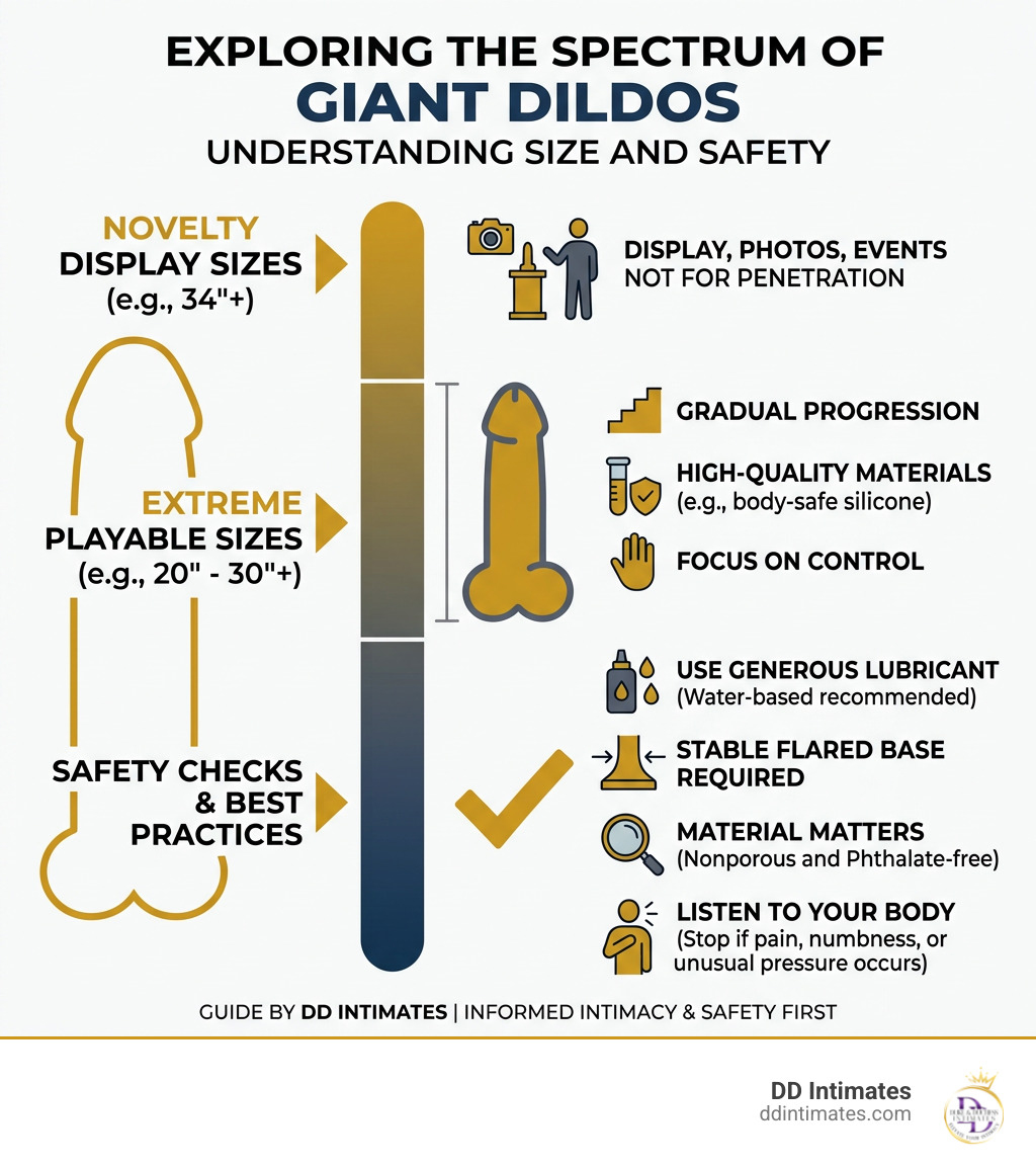 Giant dildo size spectrum showing novelty display sizes, extreme playable sizes, and safety checks infographic