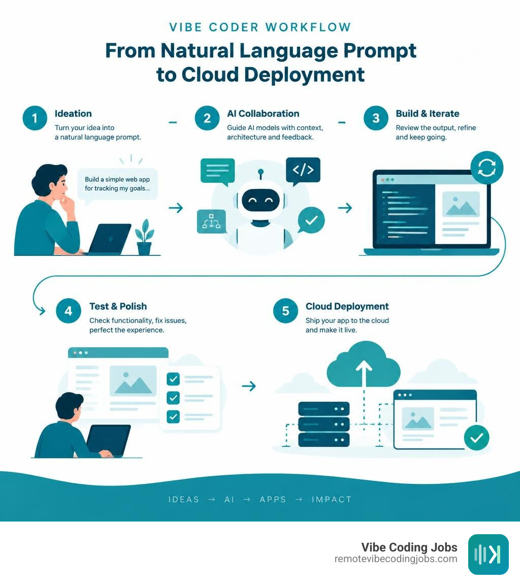 Vibe coder workflow from natural language prompt ideation to cloud deployment infographic