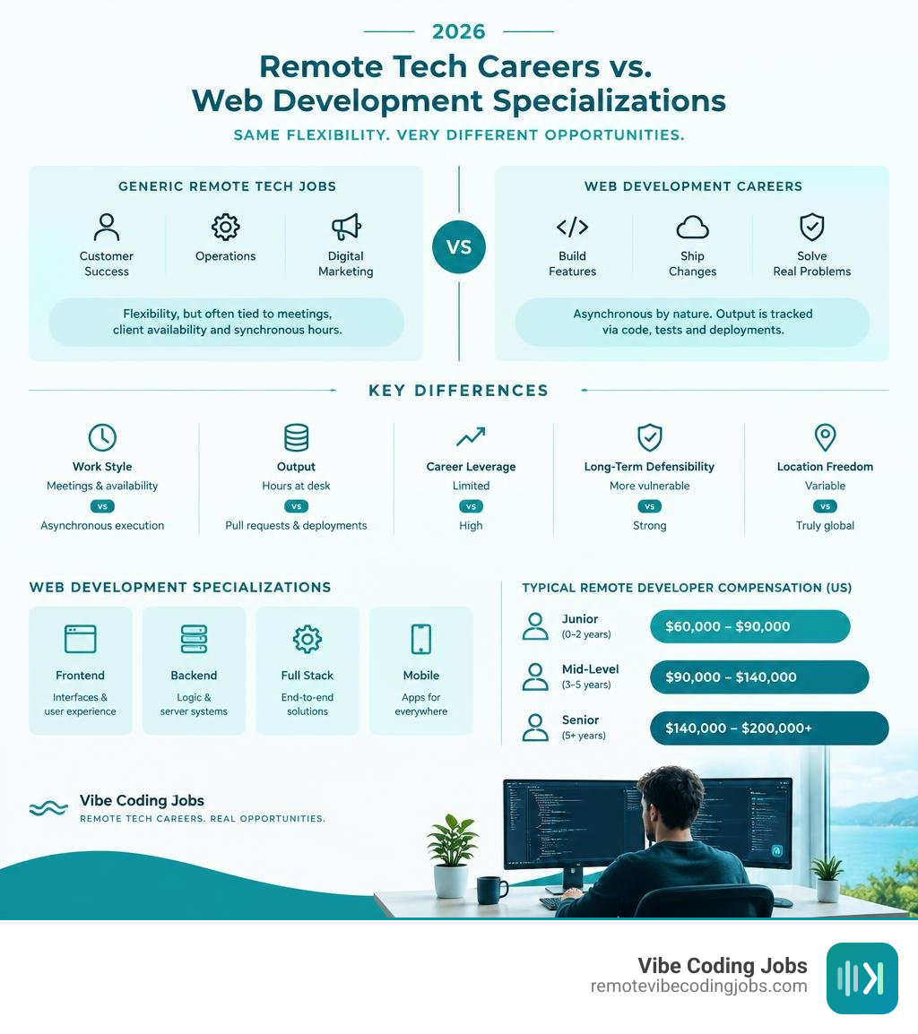 infographic comparing remote tech careers and web development specializations in 2026 infographic
