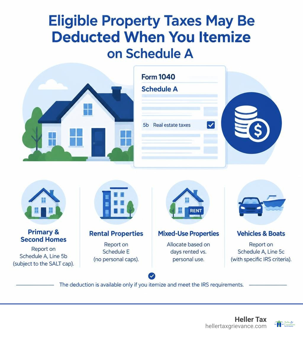 Infographic showing that eligible property taxes may be deducted when taxpayers itemize on Schedule A infographic Infographic showing that eligible property taxes may be deducted when taxpayers itemize on Schedule A infographic