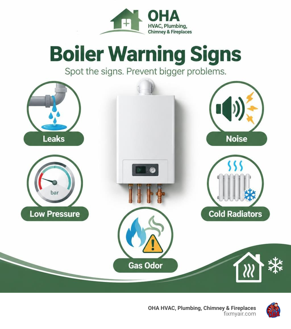 Infographic showing boiler warning signs: leaks, noise, low pressure, cold radiators, gas odor infographic