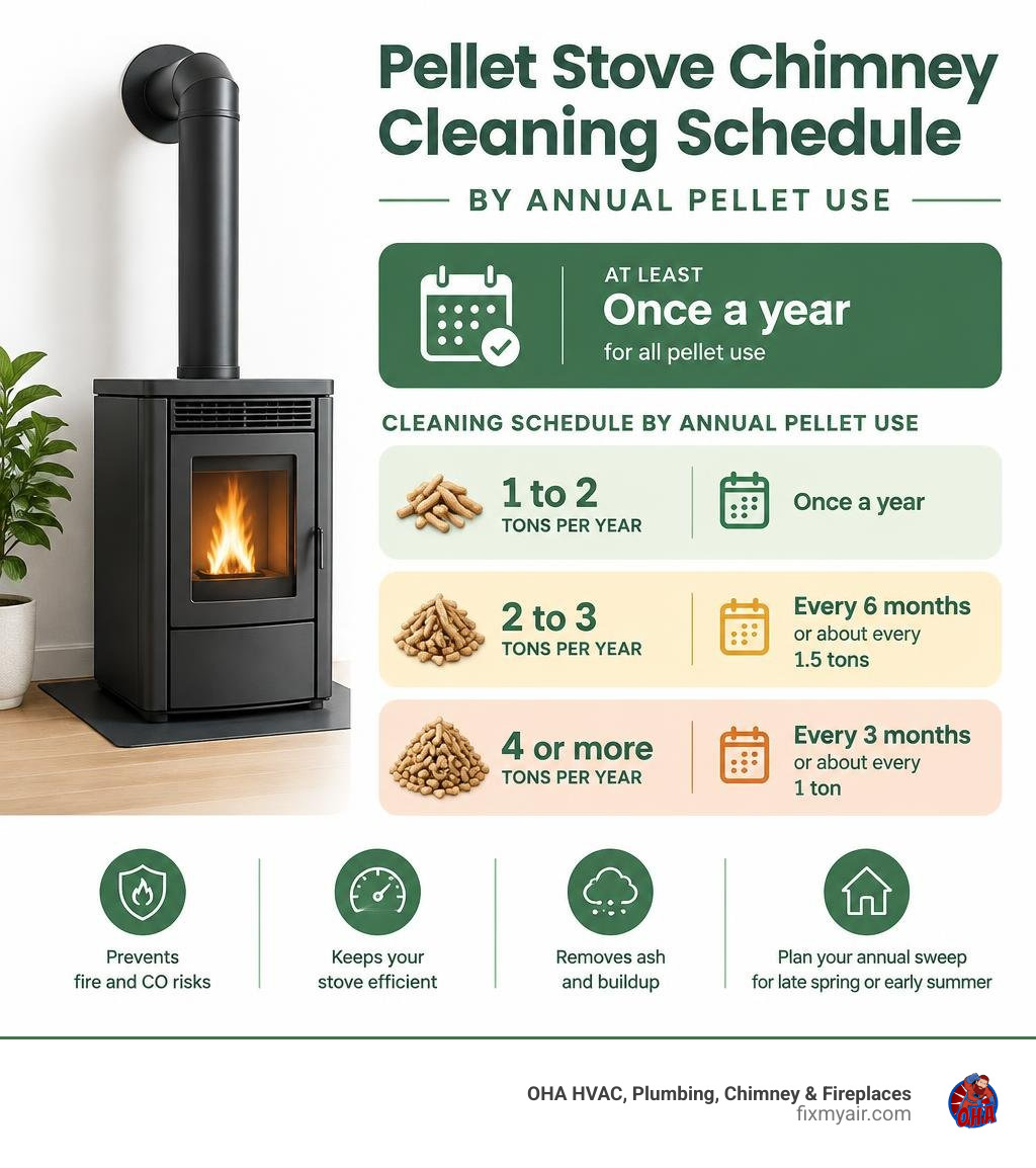 pellet stove chimney cleaning schedule by annual pellet use infographic
