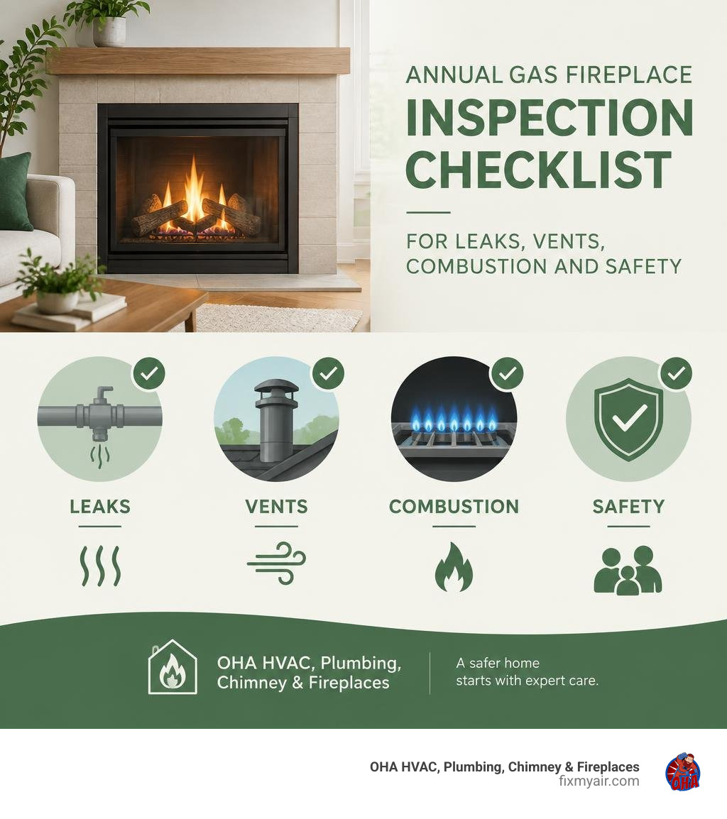 Annual gas fireplace inspection checklist for leaks vents combustion and safety infographic
