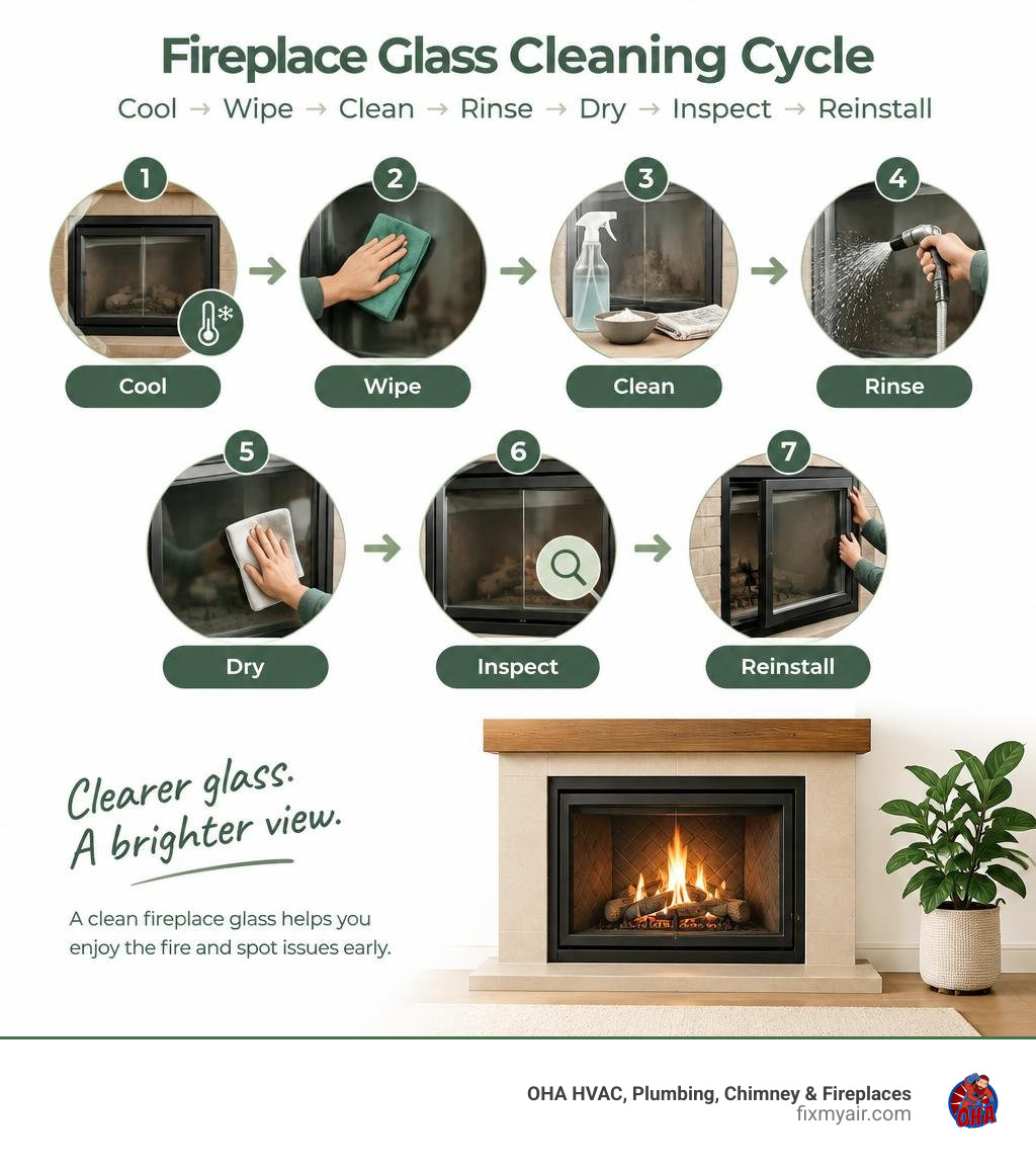 Fireplace glass cleaning cycle: cool, wipe, clean, rinse, dry, inspect, reinstall infographic