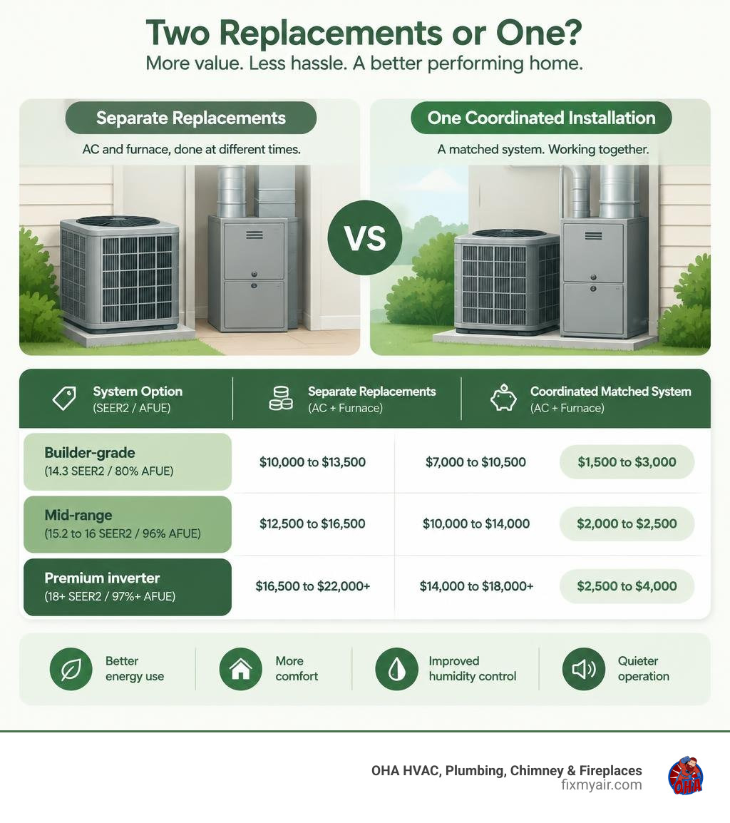 Colorful infographic comparing separate AC and furnace replacements with one coordinated matched-system installation Colorful infographic comparing separate AC and furnace replacements with one coordinated matched-system installation