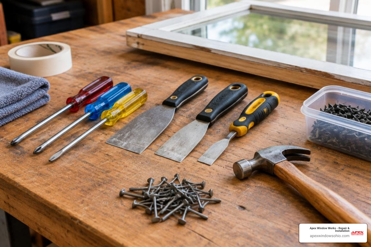 A collection of window restoration tools laid out neatly on a workshop table