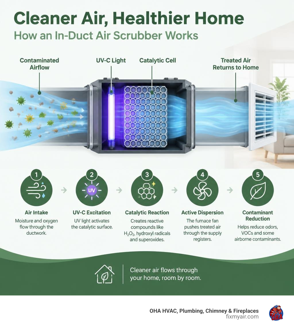 Colorful infographic showing how an in-duct air scrubber uses UV light and a catalytic cell to treat airflow before it