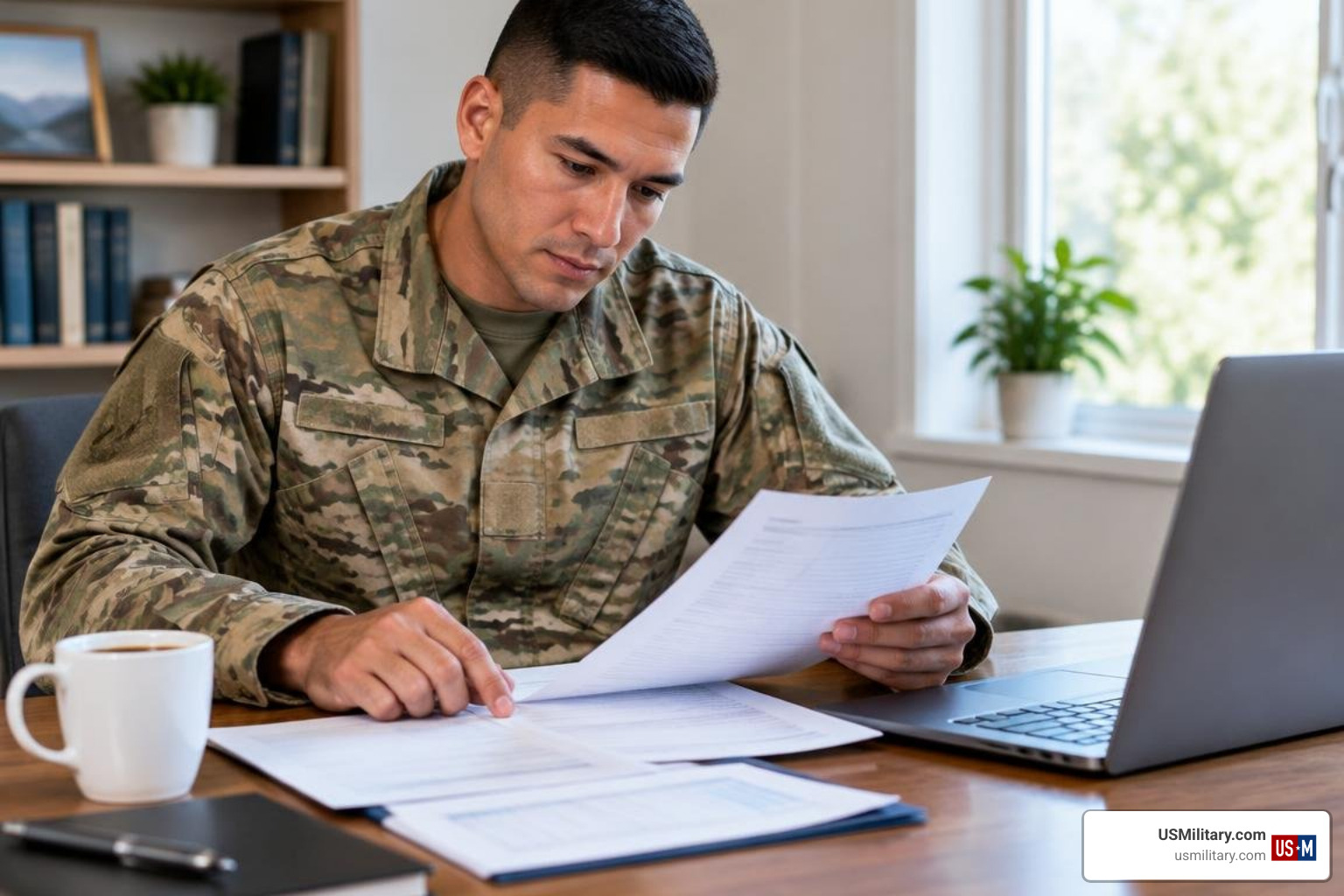 American soldier reviewing military retirement and savings documents American soldier reviewing military retirement and savings documents