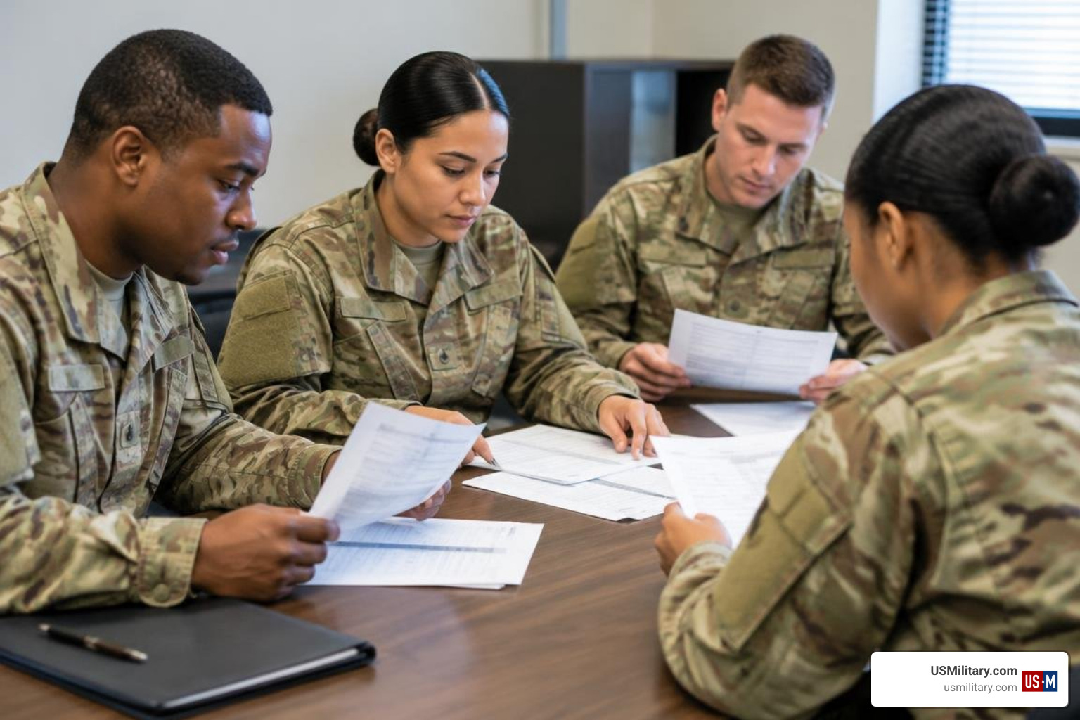 Army soldiers reviewing pay statements Army soldiers reviewing pay statements