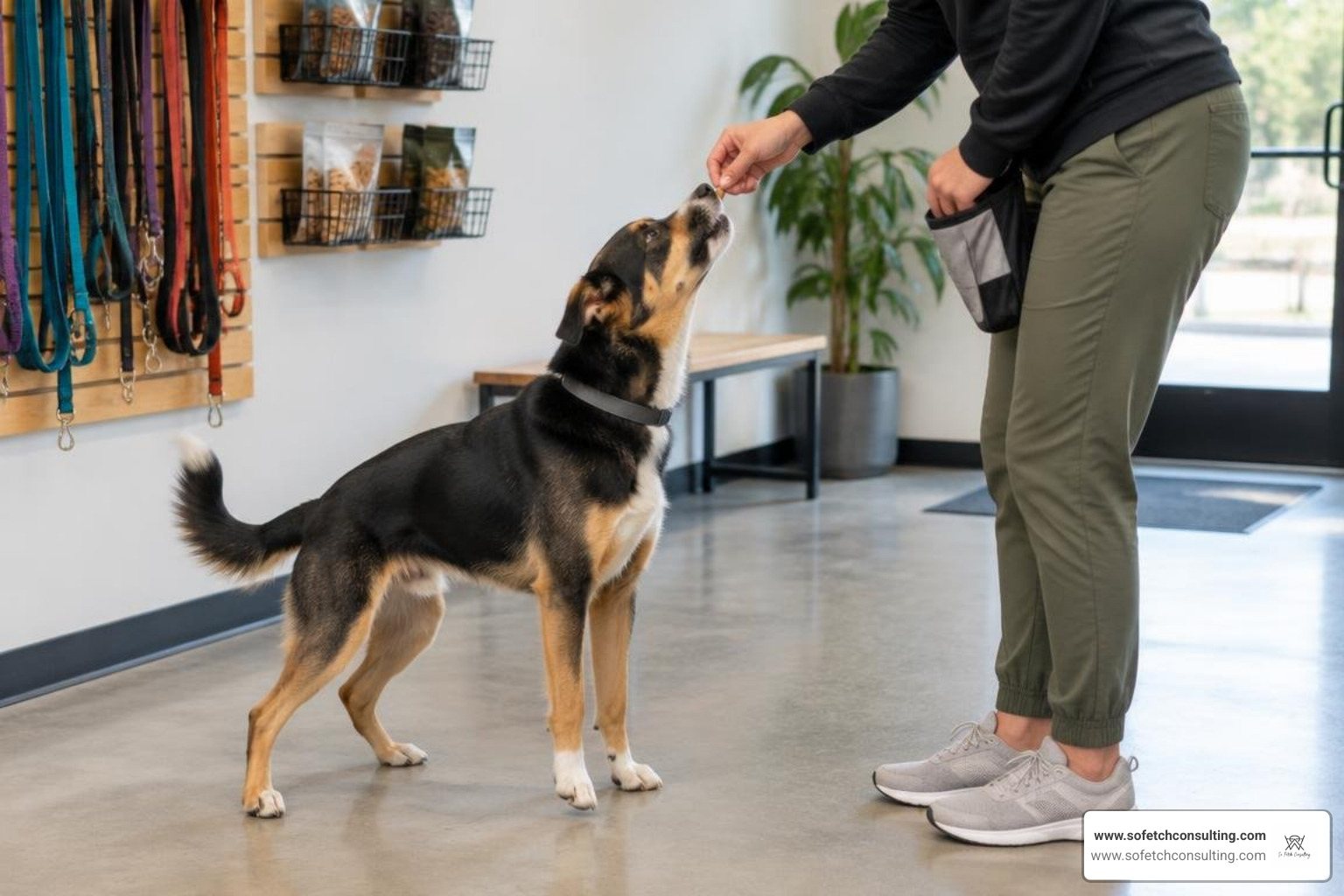 Happy dog receiving check-in welcome treat at boarding facility Happy dog receiving check-in welcome treat at boarding facility