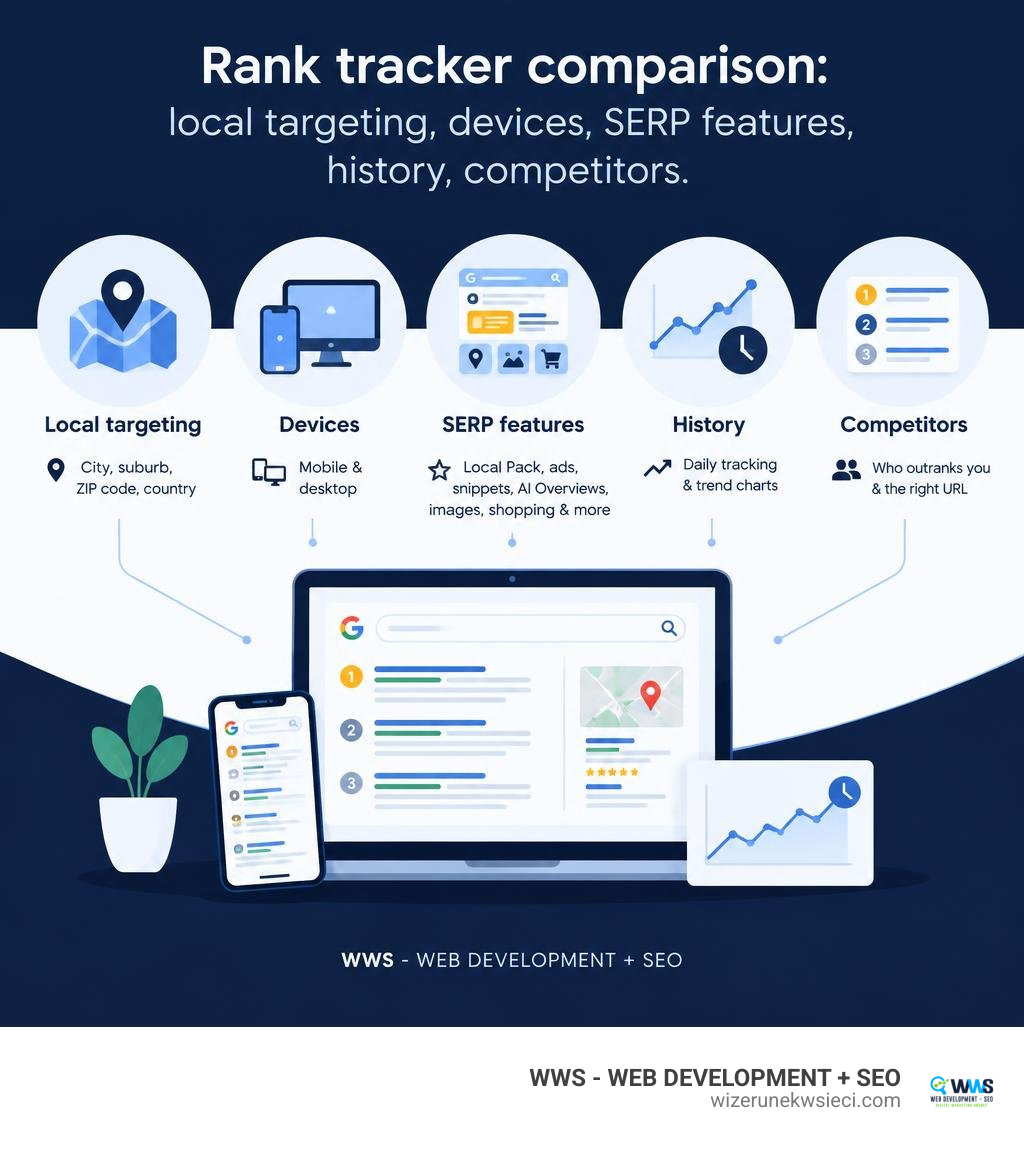 Rank tracker comparison: local targeting, devices, SERP features, history, competitors infographic