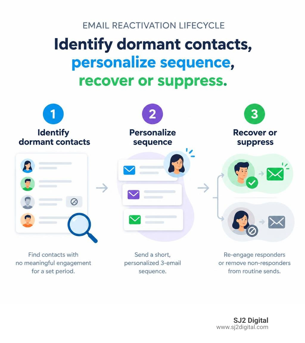 Email reactivation lifecycle: identify dormant contacts, personalize sequence, recover or suppress infographic