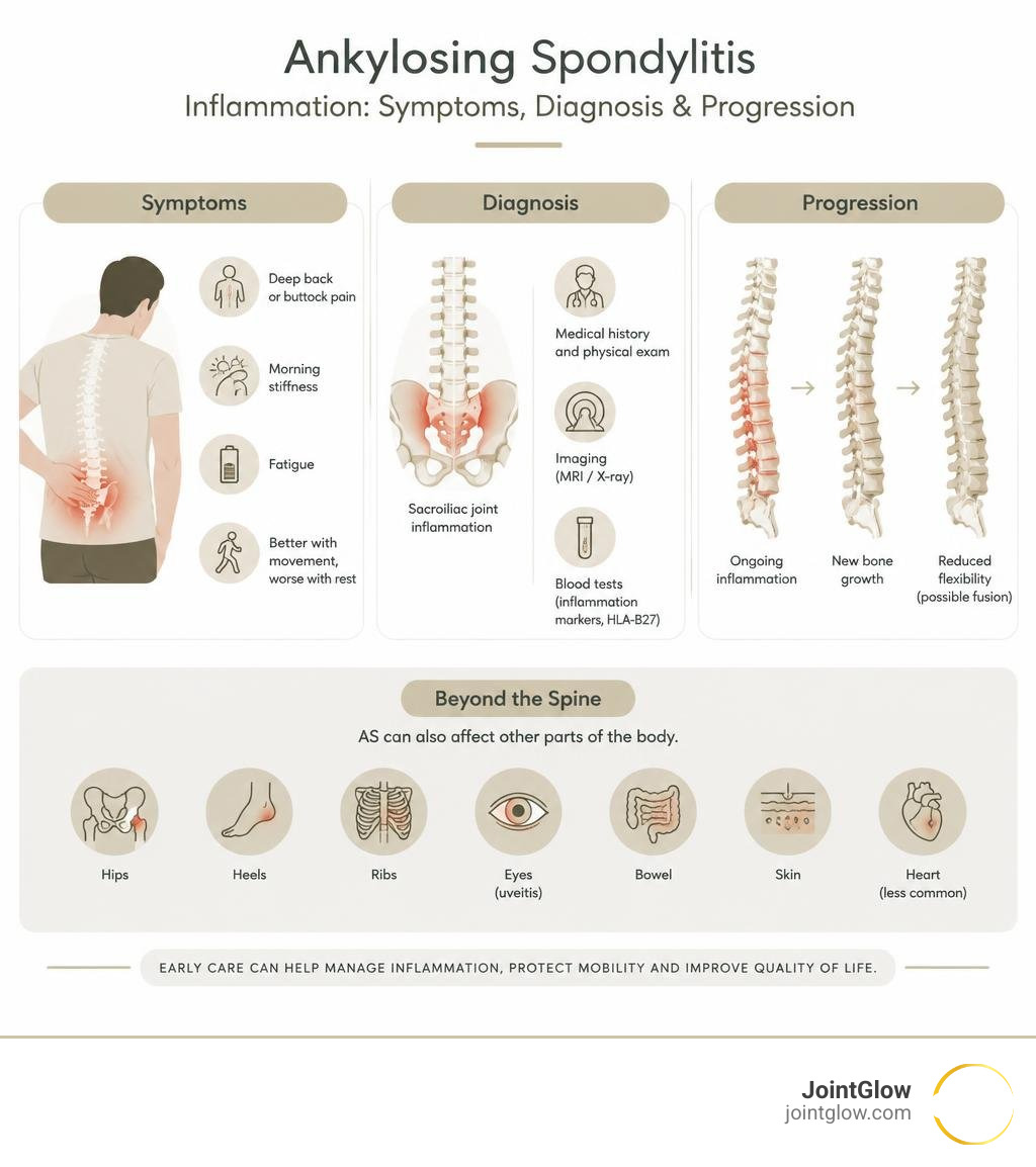 Infographic showing AS inflammation symptoms diagnosis and progression infographic