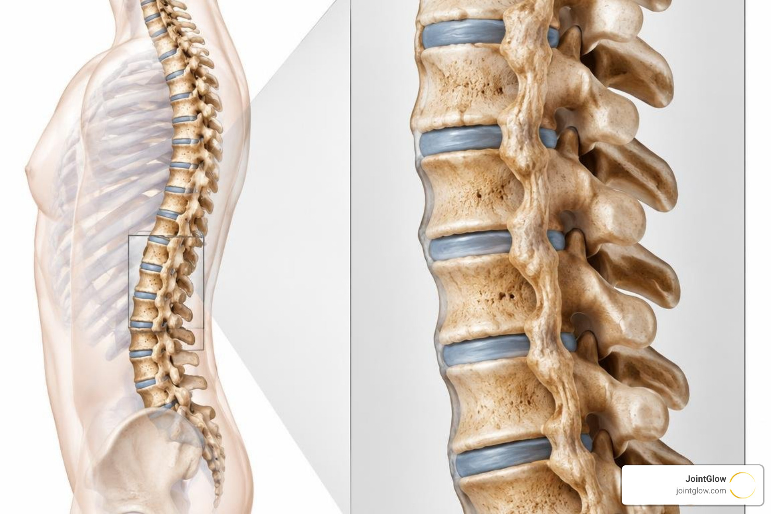 Syndesmophyte bone bridges forming along the spine